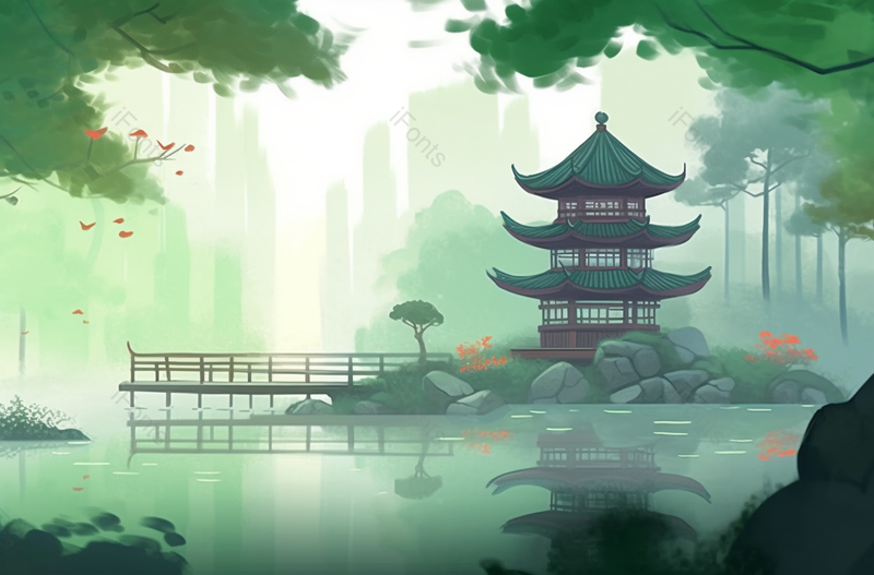 绿色清新中式传统庭院风景水墨画,插画/手绘图,插画/手绘图库,插画/手绘图下载,插画/手绘